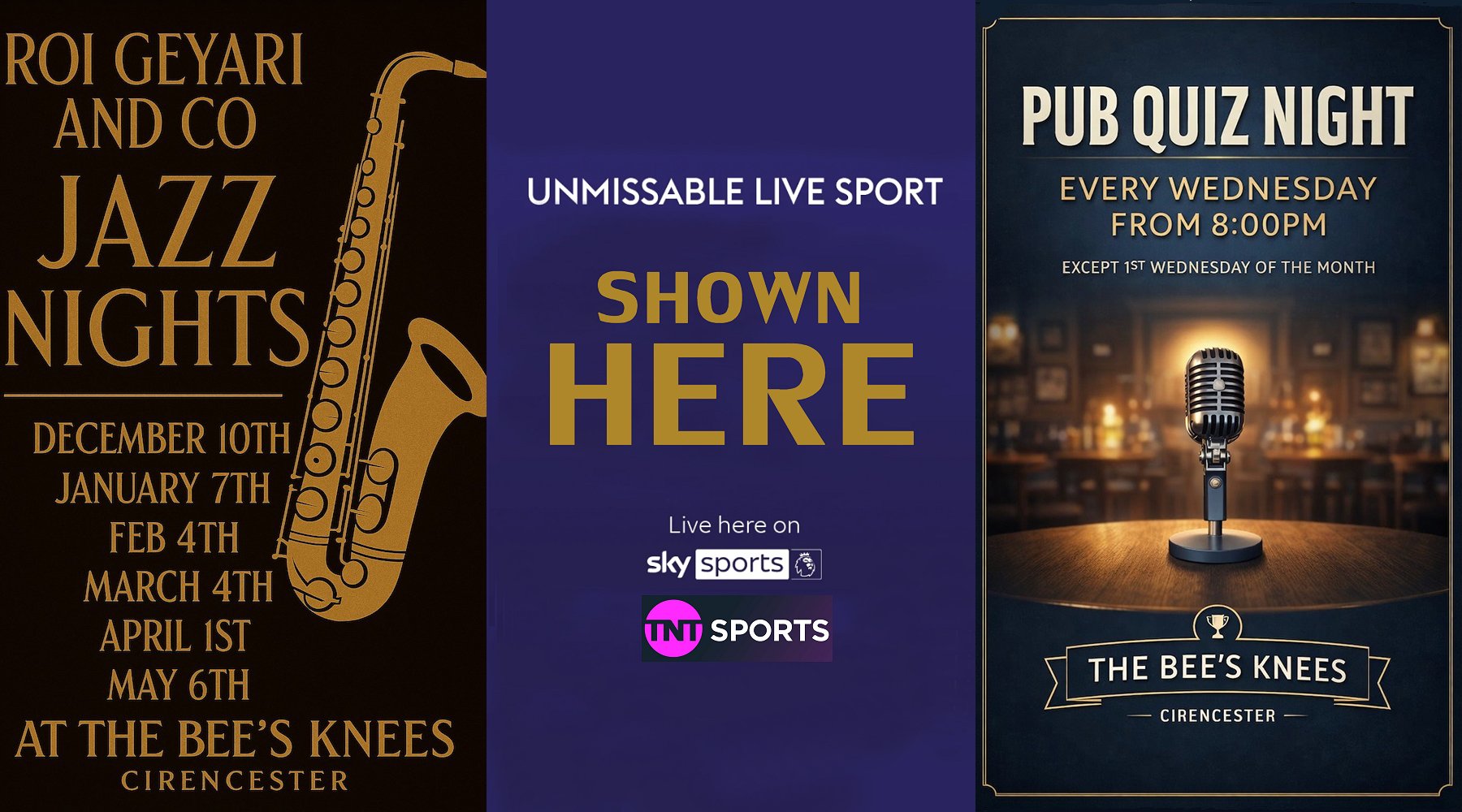What's On, SKY Sports, TNT, Quiz Nights, Jazz Nights | The Bees Knees Pub Cirencester