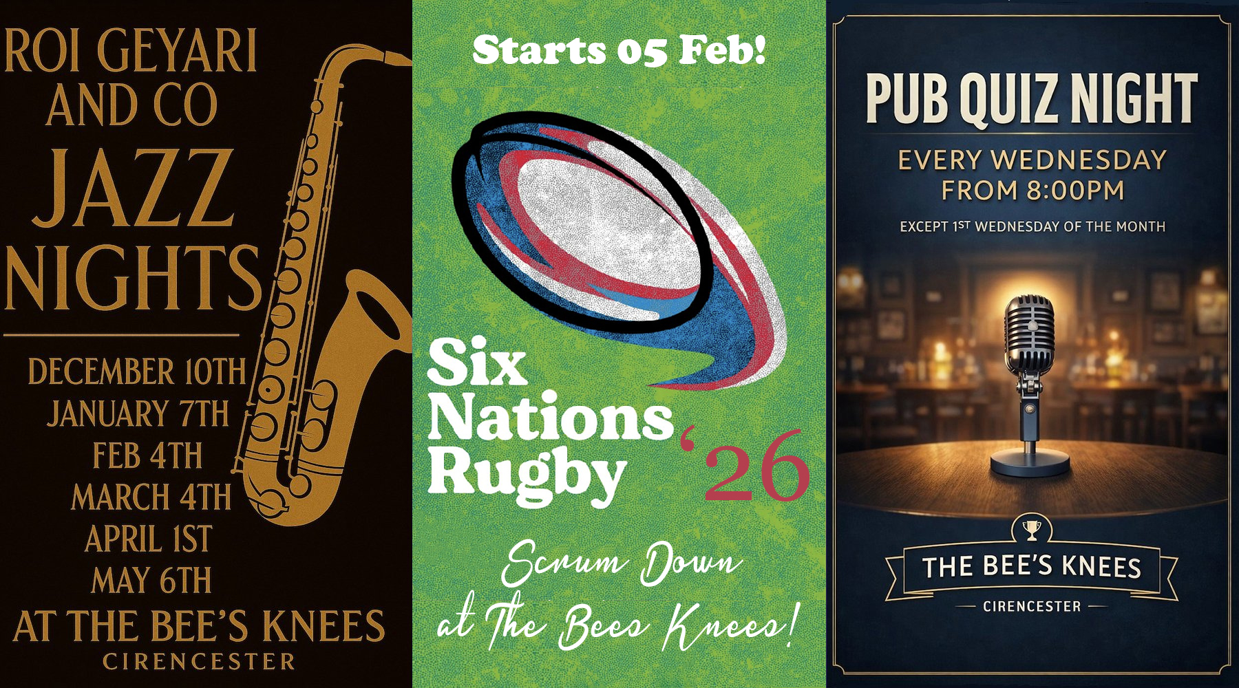 What's On, Six Nations, Quiz Nights, Jazz Nights | The Bees Knees Pub Cirencester